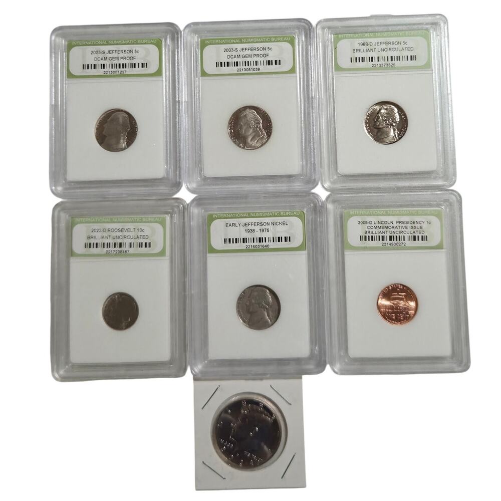INB Encapsulated Labeled Lot Of 7 U.S. Coins Nickle Dime Penny Half Dollar